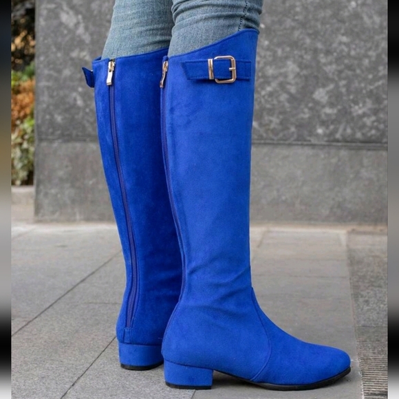 Fashion Match Pants,Navy Blue Women Low Heel Side Zipper Suede Knee-High Riding - Picture 4 of 6